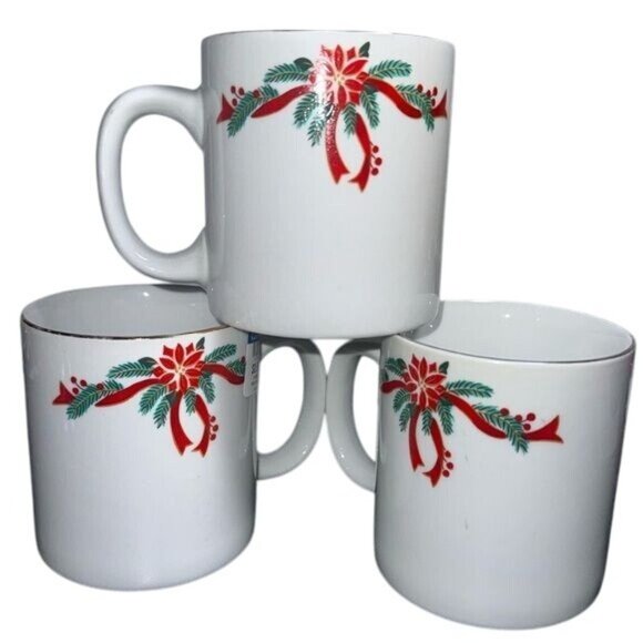 Set Of 3 Poinsettia & Ribbons Fine China Holiday Mugs With Gold Trim Made In Chi - Picture 1 of 6